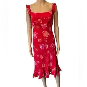La Belle Vintage 90s Red Pink Romantic Cottagecore Floral Ruffle Midi Dress